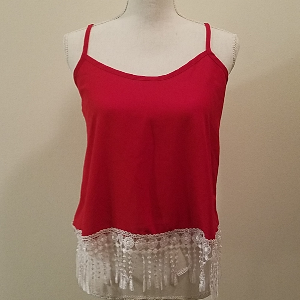 (3 for $15) Sheer Red Shirt with white lace